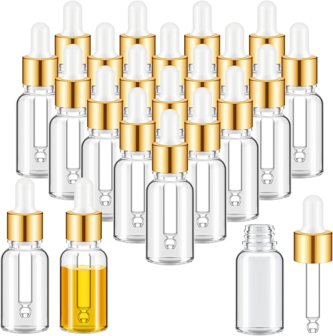 Didaey 100 Pcs Mini Glass Oil Dropper Bottle Bulk, Clear Essential Small Empty Bottles Sample Containers Perfume Liquid Vials with Cap for Traveling (15 ml,Gold)