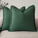 Foindtower Set of 2 Decorative Linen Fringe Throw Pillow Covers Cozy Boho Farmhouse Cushion Cover with Tassels Soft Accent Pillowcase for Couch Sofa Bed Living Room Home Decor, 1616 Inch, Pine Green
