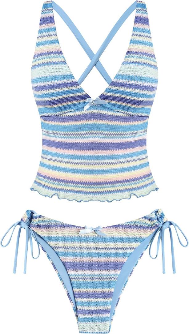 ZAFUL Women's Tankini Set V Neck Tummy Control Floral Printed Tie Side Thong Bikini Swimsuits 2 Piece Bathing Suits(C-Stripe Steelblue,L)