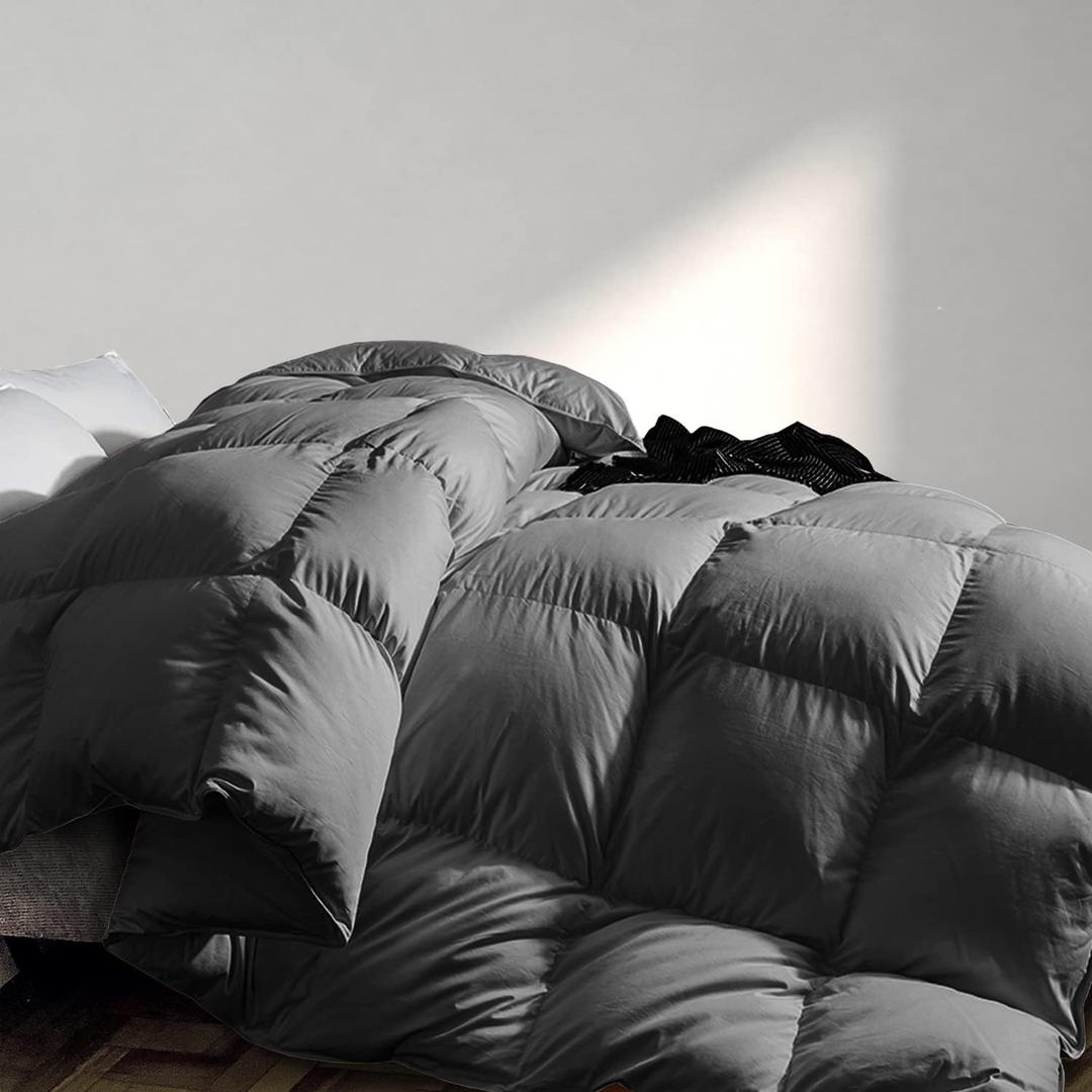 Feather Down Comforter King Size,All Season Down Duvet Insert or Stand-Alone Fluffy Soft Cotton Fabric Medium Warmth Down Comforter with Corner Tabs (106''90'', Grey)