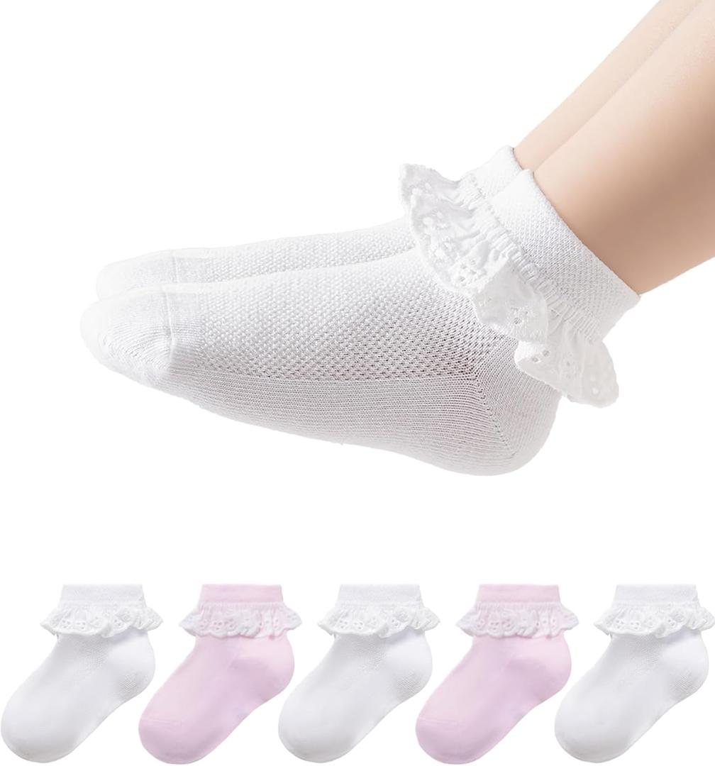 2-8Y Toddler Little Girls Cute White Ruffle Socks Dress Lace Frilly Ankle Cotton School Socks (4-6 Years)