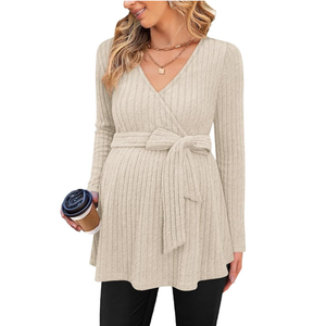 Womens Maternity Shirts Long Sleeve Pregnancy Tops Casual V Neck Ribbed Knit Pregnant Blouses, XL