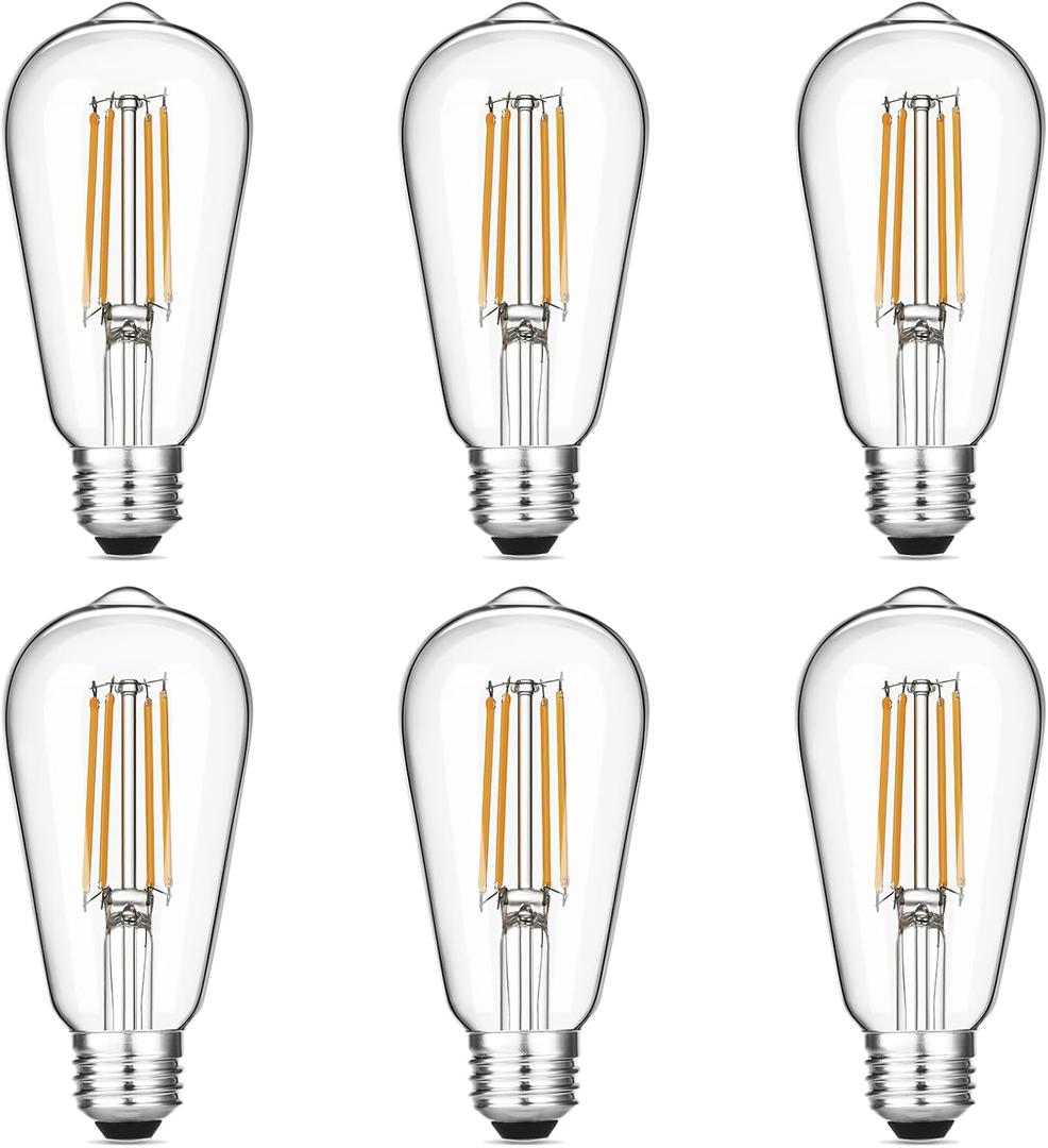 Vintage LED Edison Bulbs 6W, Equivalent 60W Incandescent, Warm White 2700K, ST58 Antique LED Filament Bulbs with 90+ CRI, E26 Medium Base, Dimmable, Clear Glass, Pack of 6 (6 Count (Pack of 1))