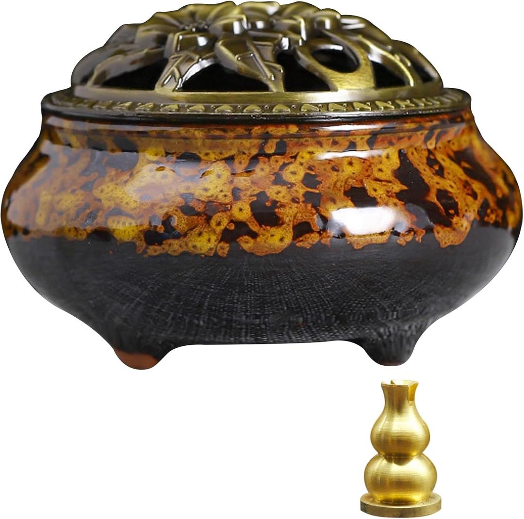 Ceramic Incense Burner with Lid, Bowl Burner Cone Incense Burner, Ceramic Censer Suitable for Incense/Cone/Coil/Sticks, There are 30 Incense Cones+ Metal Incense Holder+Fireproof Cotton Inside. (Honey Gold)
