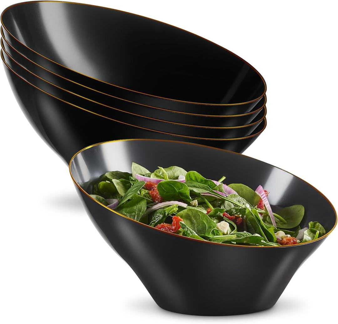 PLASTICPRO Angled Plastic Bowls Disposable Large Plastic Black Serving Bowls with Gold Rim for Party for Appetizer Salads Pack of 4
