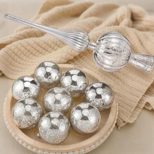 Gejoy 8 Pcs Silver Mercury Glass Finial Christmas Ball Ornaments 3.15" (Only Ball)