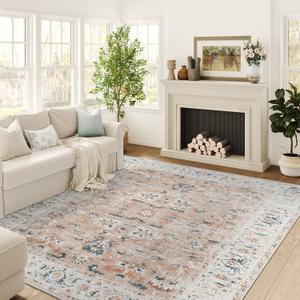 jinchan Area Rug 6x9 Living Room Rug - Washable Vintage Large Boho Floral Floor Cover Lightweight Low Pile Thin Non-Slip Retro Distressed Carpet for Bedroom Dining Room Kitchen Office Pink Blush