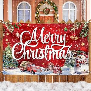 Merry Christmas Banner 118x20 inch Large Red Holiday hanging banner Gold Reindeer Tree Design outdoor christmas banner for fence Porch Wall Yard christmas party backdrop