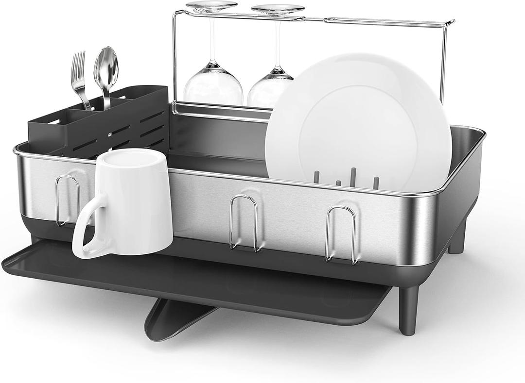 simplehuman Kitchen Dish Drying Rack with Swivel Spout, Fingerprint-Proof Stainless Steel Frame, Grey Plastic (Full-Size (20'' X 22.3'' X 11.5''), Gray)
