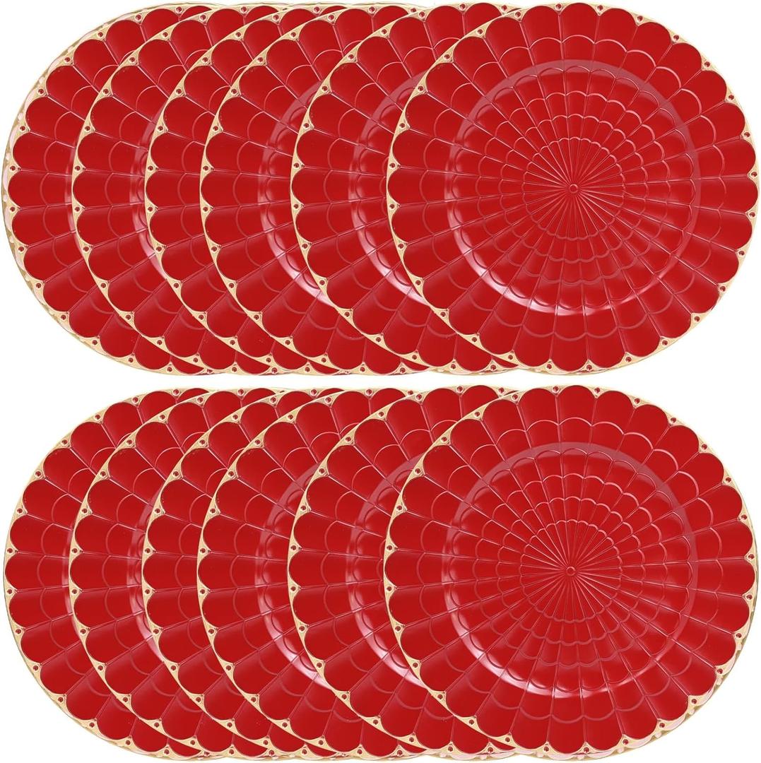 Omuriko Red Chargers Plates Set of 12, Plastic Decorative Charge Plates for Dinner, Table Setting, Holiday, Thanksgivng, Christmas
