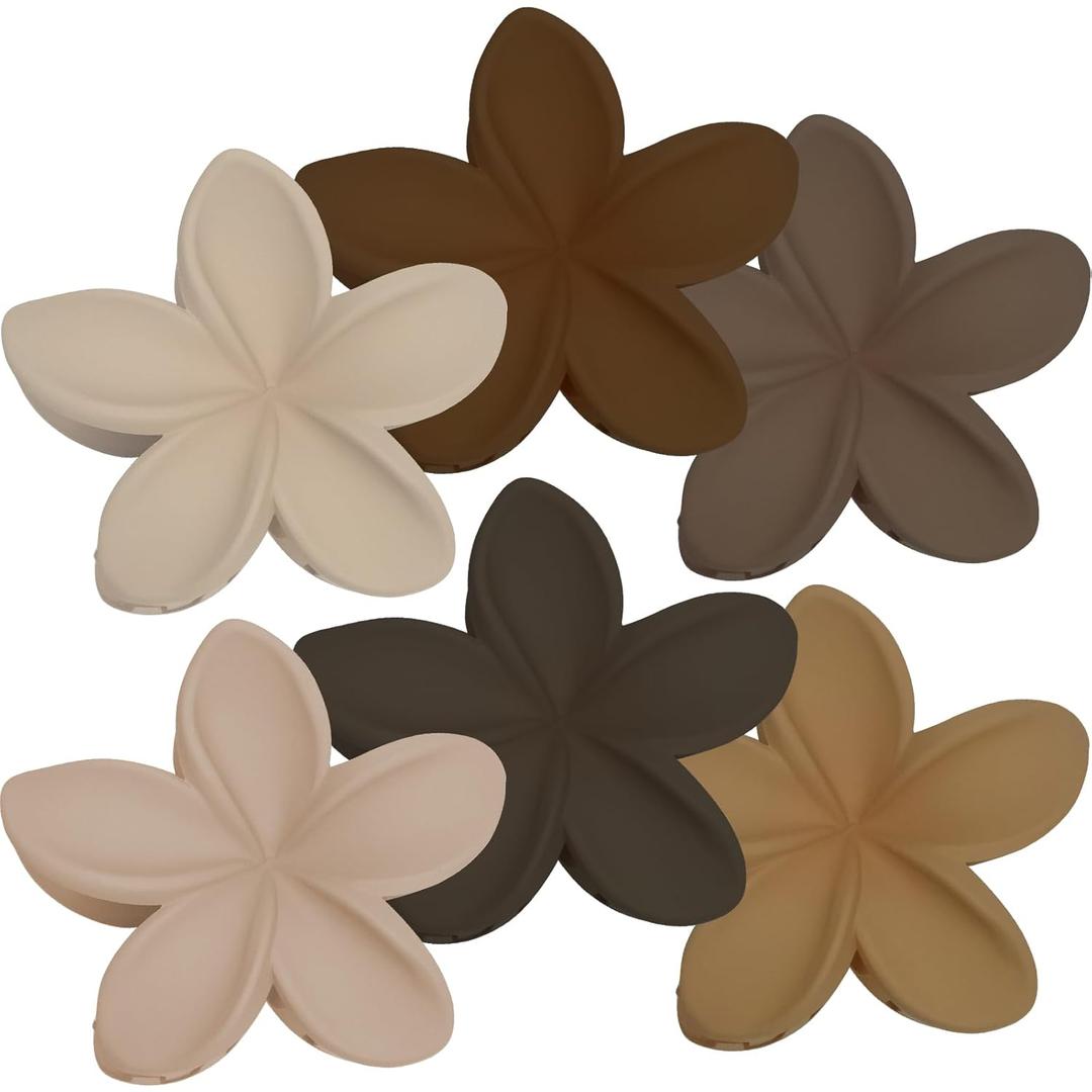 2 x Upgraded Hawaiian Plumeria Floral Claw Clip, Keepzi 6pcs Large Summer Flower Hair Clips, Cute Flowers Hairclips Accessories for Women - Black, White, Beige, Dark Brown, Dark Gray, Dull Yellow