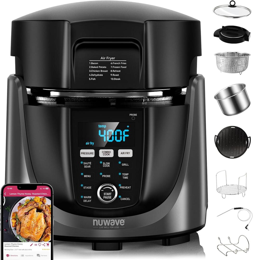 Nuwave Duet Electric Pressure Cooker & Air Fryer Combo, 450 IN 1 Slow Cooker & Grill with Integrated Digital Temp Probe, 6qt SS Pot, Adjustable High/Low Pressure, Built-in Sure-Lock Safety Tech (Black and Gray)