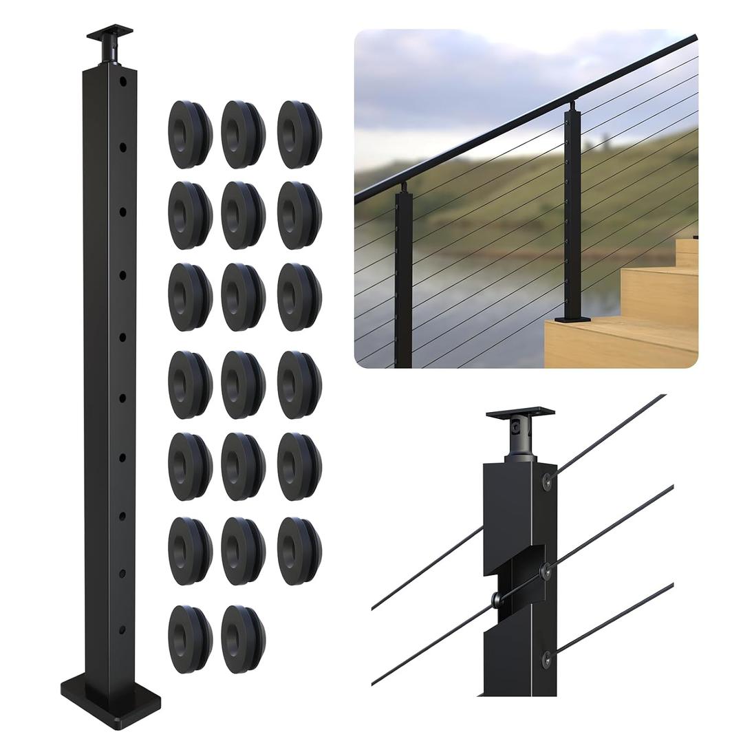 Stair Cable Railing Post 36" (35"X2"x2"), Angle Drilled Stainless Steel Deck Railing Post, Black Stair Angle Holes Deck Post for Staircase Cable Systems, Surface Mount Post Indoor Outdoor (1)
