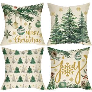 Merry Christmas Pine Tree Decorative Throw Pillow Covers 18 x 18 Set of 4, Xmas Joy Balls Gold Snowflake Porch Outdoor Home Decor, Winter Holiday Sofa Couch Cushion Case