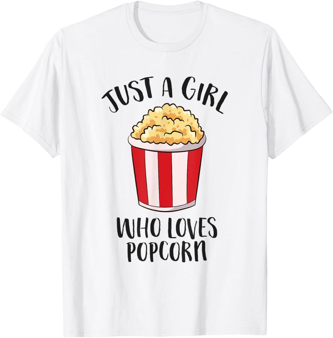 Just a Girl Who Loves Popcorn Cinema Movies Women Popcorn T-Shirt (White, S)