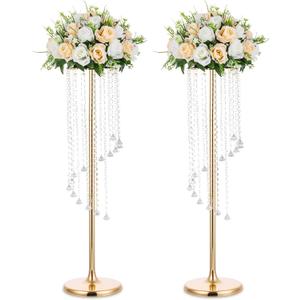 Nuptio Wedding Centerpieces Gold Vases: 2 Pcs 35.4in Tall Crystal Flower Vase Metal Flowers Stand for Party Tables Decorations - Elegant Bulk Weddings Decoration Table Chandelier Centerpiece Stands