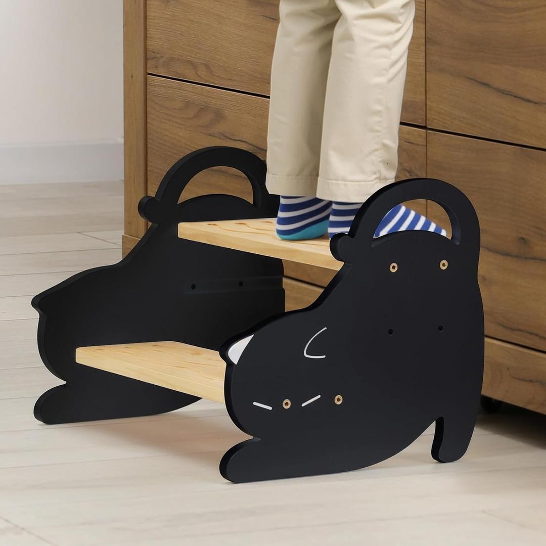 COSYLAND Two Step Stool for Kids - Non-Slip Toddler Potty Training Stool for Sink/ Kicthen/ Bathroom/ Bedroom, Lovely Cat Style Toddler Step Stool with Handles Easy to Move (Natural & Black)