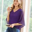 Uhiger 3/4 Length Sleeve Womens Tops V Neck Chiffon Blouse Dressy Casual Double Layered for Weekend Outings and Everyday Wear (Purple, XXL)