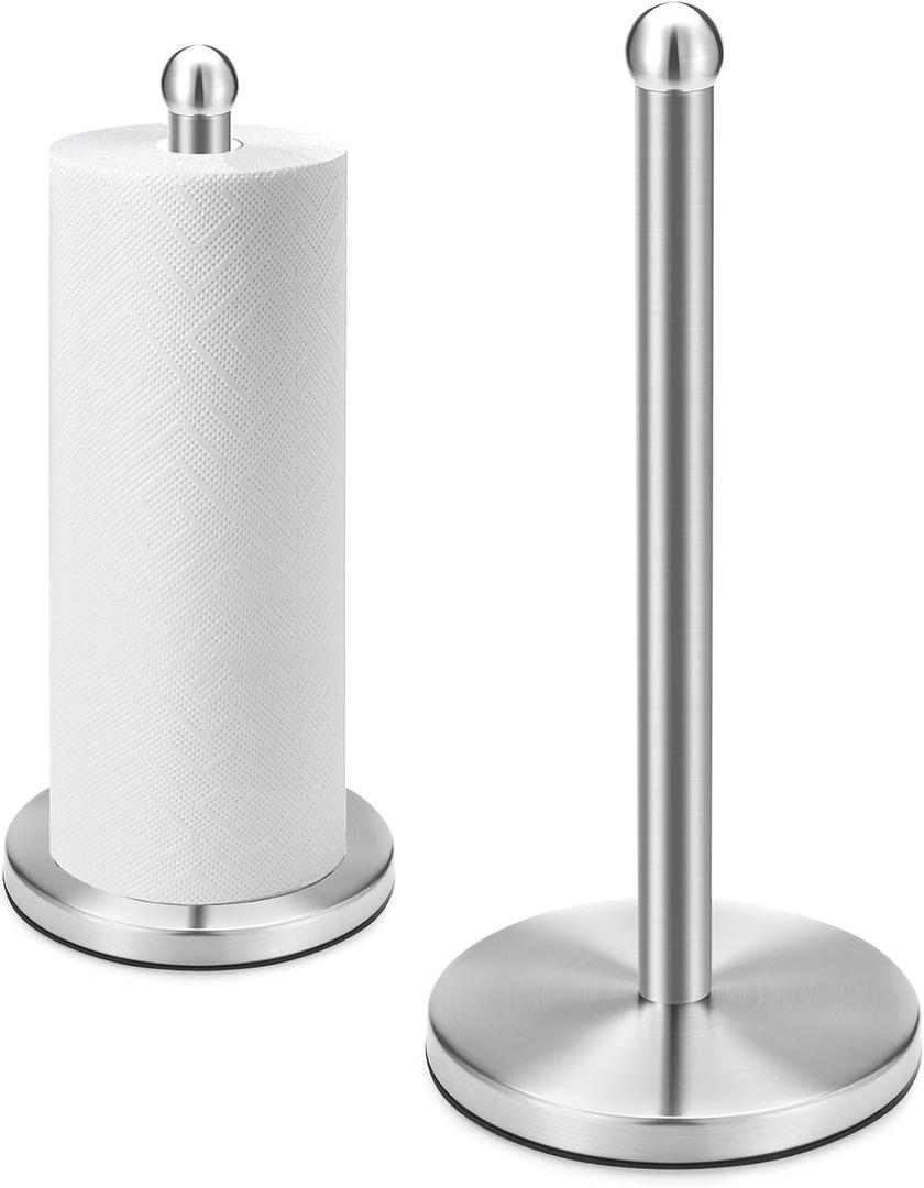 DAWNER Paper Towel Holder Countertop, Freestanding Kitchen Paper Holder Stand, One-Handed Tear, Stainless Steel, Paper Towel Dispenser with Weighted Base for Standard Towel Rolls, Brushed Nickel (13")