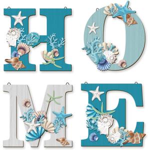 4 Pcs Wood Home Sign Coastal Beach Wall Decor Beach Style Signs Blue Starfish and Shell Wall Decor Beach Theme Sign for Home Letters Hanging Wall Decor Art Signs for Living Room Kitchen Bedroom Decor