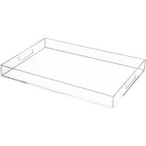Clear Rectangular 14x20 Inches Acrylic Ottoman Tray Decorative Serving Tray with Cutout Handles Organizer Tray on Coffee Table Countertop Big Breakfast Bed Tray Living Room Appetizer Serving Food