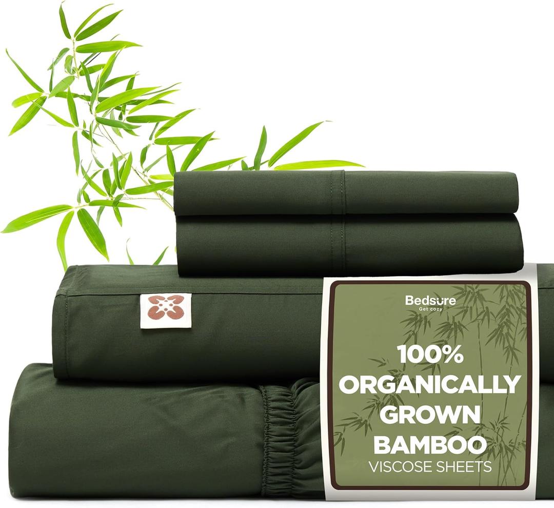 Bedsure 100% Organically Grown Bamboo Viscose Sheets - 18 Inches Deep Pocket Sheets with Elastic Corner, King Size Sheets Set, Ultra-Soft, Silky & Cooling Bedsheets, Oeko-Tex, 4 Pieces, Olive Green