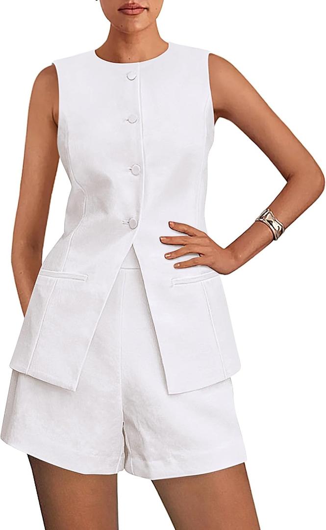 PRETTYGARDEN Women's 2 Piece Sets 2026 Summer Trendy Button Down Suit Vest Tops High Waisted Shorts Business Casual Outfits (White, L)