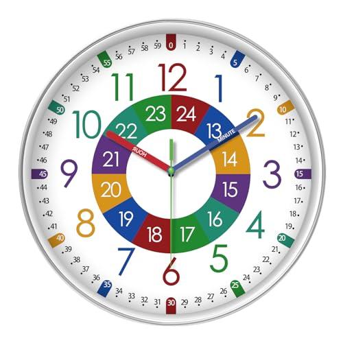 XFM Kids Wall Clock 10 Inch Silent Non Ticking Battery Operated Colorful Teaching Time Clock Decorative Small Analog Learning Clock for Kids Room Classroom School Playroom