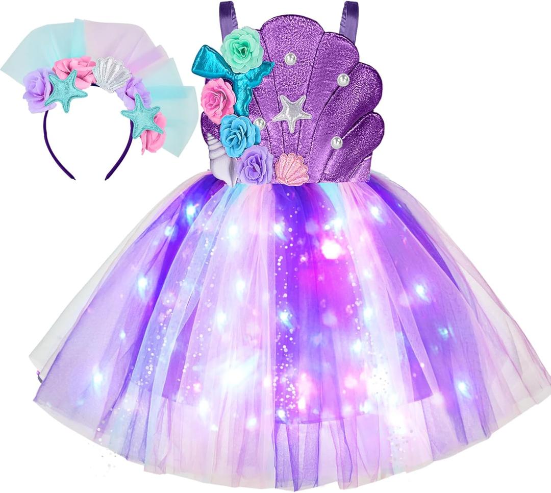 Spooktacular Creations Halloween Girl Mermaid Tutu Dress, Shell Mermaid Costume, LED Kids Princess Dress for Cospaly Party (Purple, M)