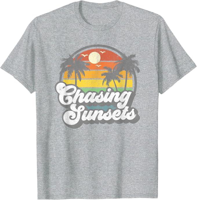 Vintage Chasing Sunsets Beach Summer Retro Sunset 70's Gift T-Shirt (Medium, Heather Grey)
