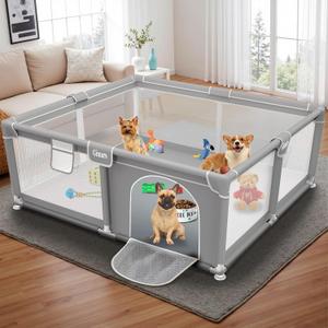 50x50x26 Inches Puppy Playpen with Gate, Dog Playpen for Puppies or Small Dogs, Sturdy Safety Dog Fence Pet Playpen with Thickened Fabric, High-Strength Nylon Wire Mesh for Indoor & Outdoor,Washable (Light Grey-Large)