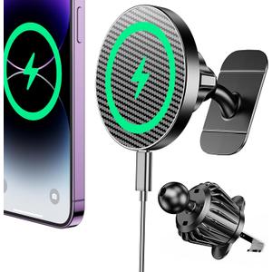 Coolpow for Magsafe Car Mount Charger100% Stable15W Magsafe Car Charger Magnetic Phone Holders for Your Car Accessories for Women Men car Phone Holder Wireless Car Charger for iPhone (Carbon Fiber)