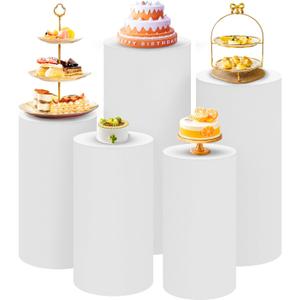 SaitiMade Set of 5 - White Cylinder Pedestal Stand Covers, Spandex Cylinder Stand Covers for Party, Wedding or Birthday Event Decor - Only Contains Cylinder Covers