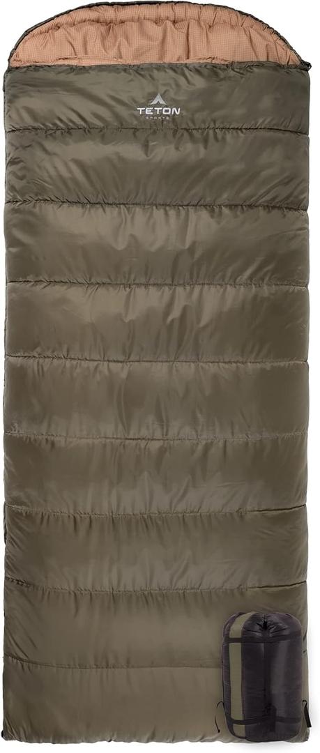 Teton Celsius XL +20F Sleeping Bag; Cold Weather Sleeping Bag; Great for Family Camping; Free Stuff Sack, Green, Right Zip