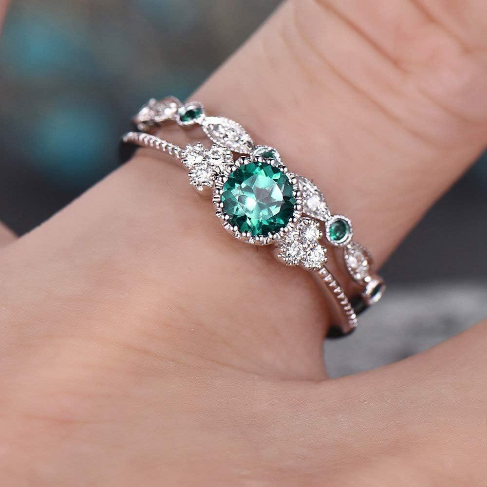 Fashion 2PCS 925 Sterling Silver Natural Emerald Ring Round Cut Cubic Zirconia Promise Rings CZ Classical Eternity Engagement Wedding Band Ring Set for Women (US Code 9)
