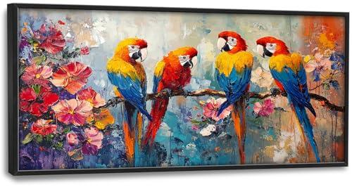 Extra Large Framed Parrot Bird Wall Art, Oversized Abstract Colorful Parrots Flower Wall Decor Pictures for Living Room, Canvas Print Painting Modern Artwork Bedroom Office Bathroom Home Decor 60L x30W