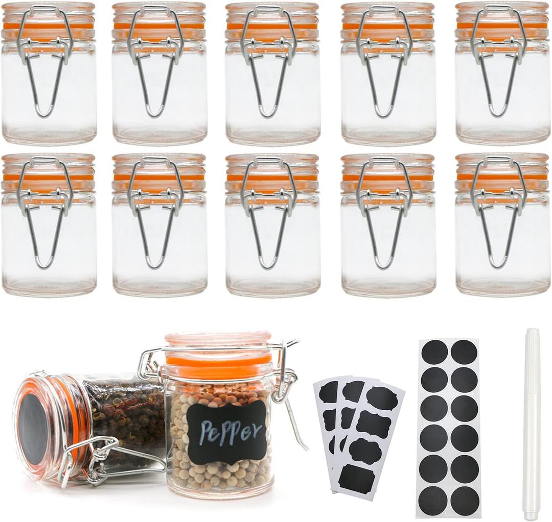 1.7 oz Mini Glass Spice Jars with Labels, Small Stash Jars with Airtight Hinged Lid, 12 Pack Empty Spice Bottles with Rubber Gasket for Herb Tea Seasoning Storage