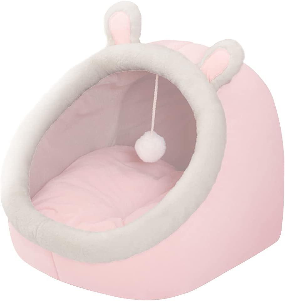 Andiker Cat Beds for Indoor Cats, Semi-Enclosed Cat Cave Bed with a Plush Ball Large Space for Cats to Sleep Soft and Comfortable Covered Cat Bed with a Washable and Detachable Mat (L, Pink)