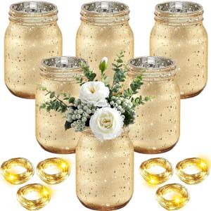 Layhit 6 Pcs Painted Mason Jars Colored Painted Mason Jars Centerpiece for Table with 6 Pcs 9.84 ft 30 LED Operated Fairy Lights for Wedding(Gold)