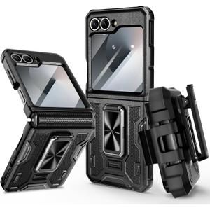 VEGO for Galaxy Z Flip 6 Case, 360 Rotatable Ring Kickstand & Belt Clip Holster & Tempered Glass Camera Screen Protector & Hinge Protection, Shockproof Case for Samsung Flip 6 5G - Black