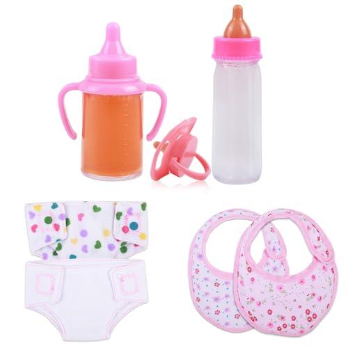 CARANOVO Baby Doll Accessories Set – 7 Pcs Feeding and Caring Set with Magic Disappearing Bottles, Pacifier, Diapers and Bibs Doll Pretend Play Gift for Kids