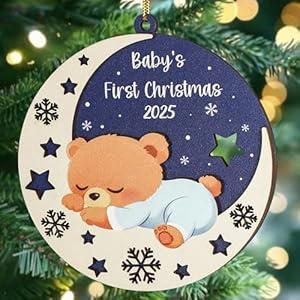 Baby First Christmas Ornament 2025, Wooden Christmas Tree Hanging Decoration with String, New Baby Keepsake Ornament Xmas Gift for Newborn New Parents (Bear)