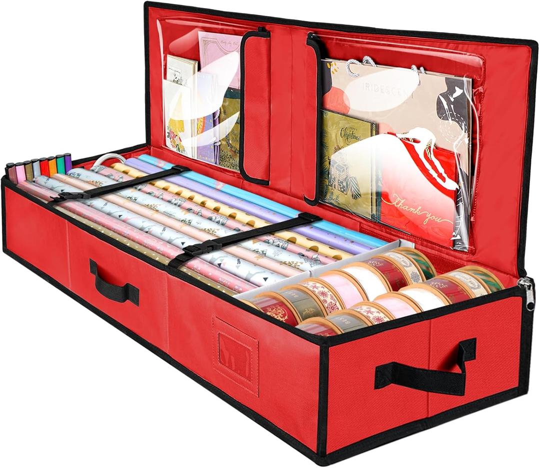 BALEINE Wrapping Paper Storage Organizer, 40" Durable 600D Oxford Fabric Gift Wrap Storage Bag with Flexible Partitions for Ribbon, Holiday Accessories (Red) (1 Count (Pack of 1)