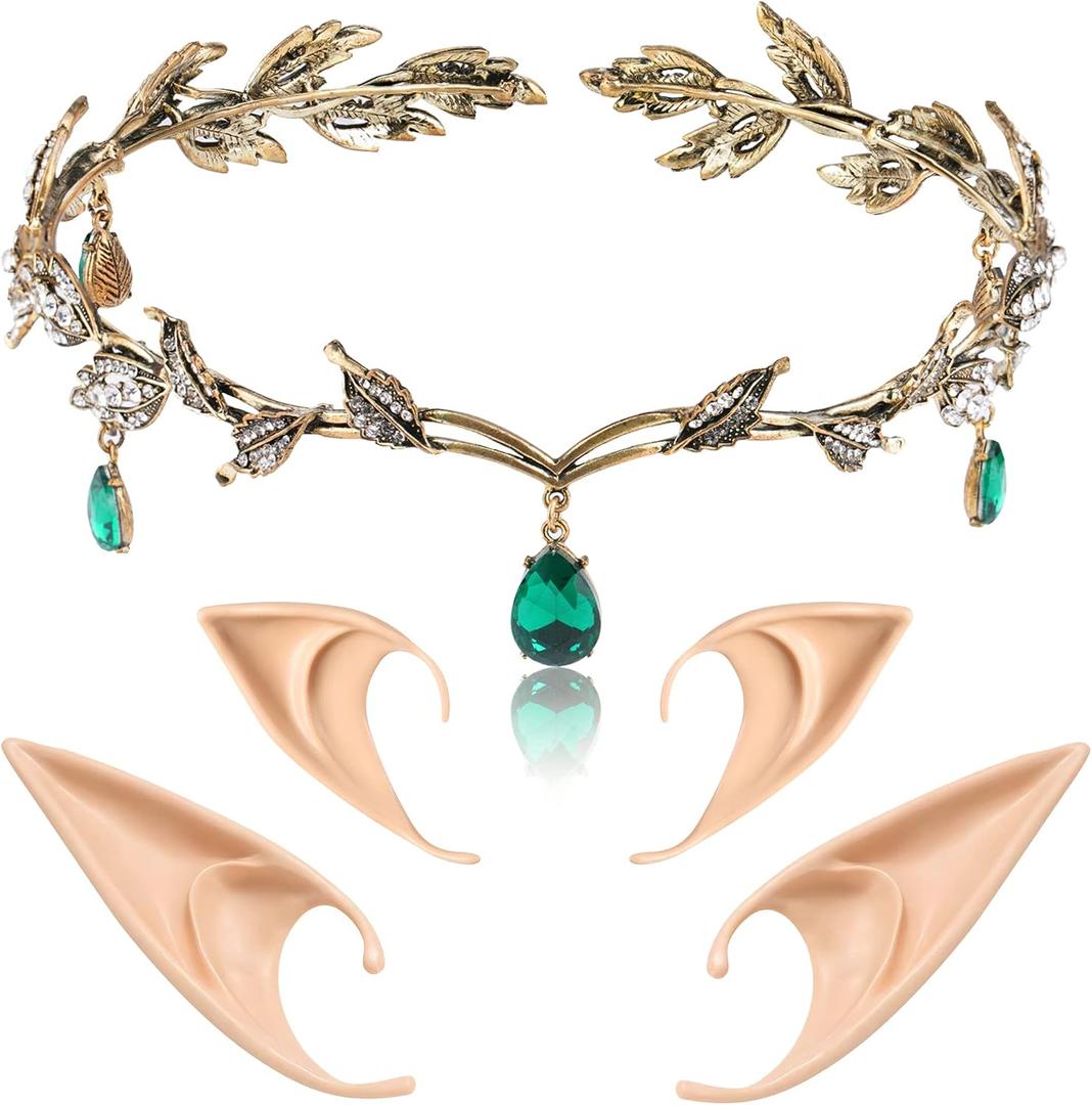 FRESHME Elf Ears with Crown Set, Soft Fairy Ears and Crystal Crown Headband for Women Halloween Cosplay Costume Party
