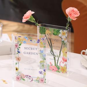 Book Vase, Acrylic Book Vase for Flowers, Book Flower Vase Clear, Small Book Shaped Vase, Clear Book Vases, Modern Decorative Vases for Home, Bedroom, Living Room, Office, Set of 2