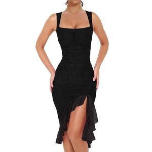 BORIFLORS Women's Sexy Ruched Bodycon Midi Dresses Square Neck Sleeveless Ruffle Hem Club Party Tank Dress Black, S