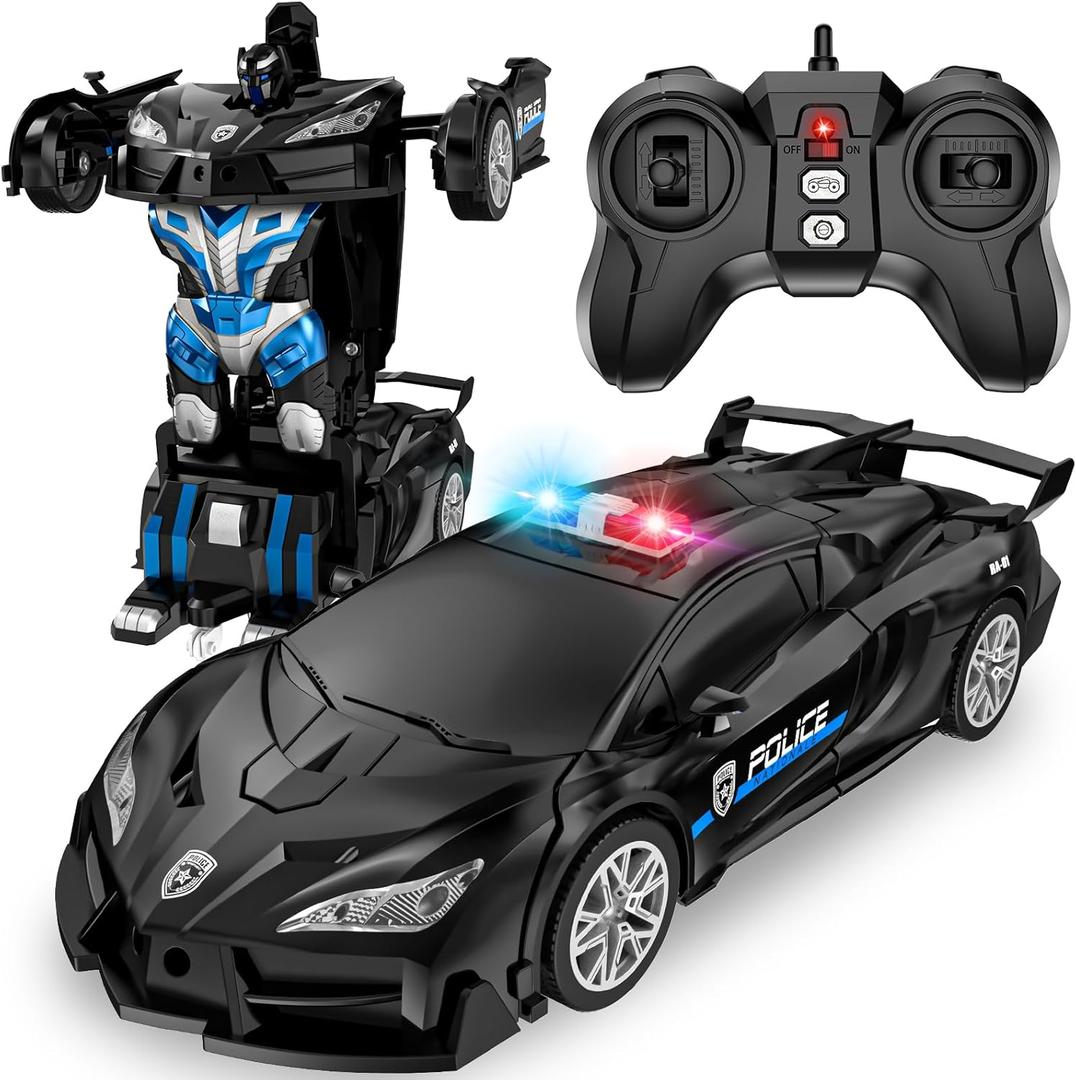 Remote Control Car, One-Button Transform Toys Car, 2.4GHz RC Cars 1:18 Scale, 360 Degree Rotation Police Car Toy Transforming into Robot Toy for Boys Girl Kids 4-7 8-12 6-8, Birthday (Black)