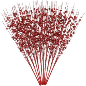 GREENTIME 10 Pack Red Artificial Glitter Berry Stem Ornaments 15.7 Inches Fake Christmas Picks Decorative Glitter Sticks for Vase Christmas Tree DIY Wreath Crafts Fireplace Decor