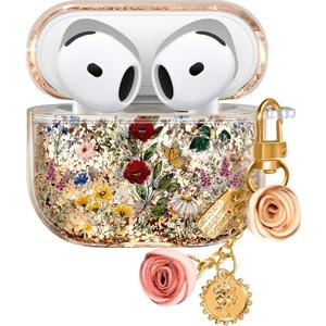for Apple for Airpods 4 Case 2024 - Quicksand Liquid Elegant Aesthetic Mujer Girl Women Sparkling Sparkle Glitter Bling Sparkly Vintage Retro Floral Keychain Girly for Airpod 4 Case Cover