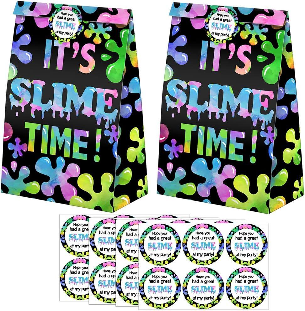 Slime Goodie Bags, Set of 24 Slime Party Favors Candy Bags with Stickers, Slime Goody Gift Treat Bags Slime Themed Birthday Party Supplies